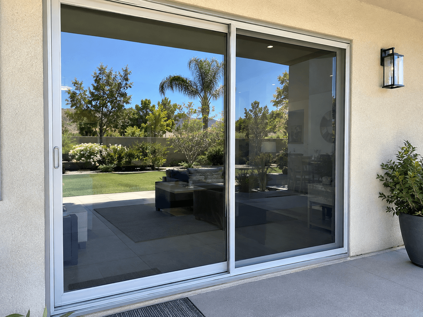 The same sliding glass door after cleaning, clear glass reflecting the garden and a clean track