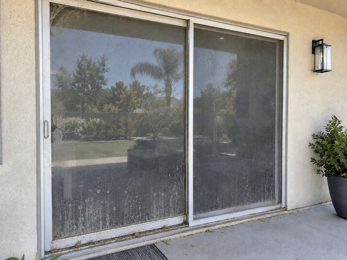 Sliding glass patio door before cleaning, the glass grey with film and water spotting and dirt in the track